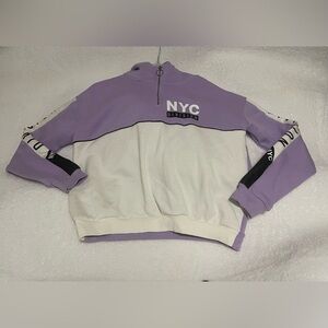 Forever 21 Sweater Youth Size 20 NYC Division Purple Ivory Spell Out On Sleeves